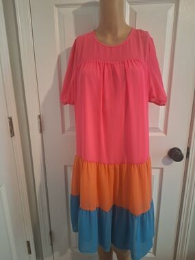 Girls Colorblock Tiered Dress in Hot Pink, Orange & Blue